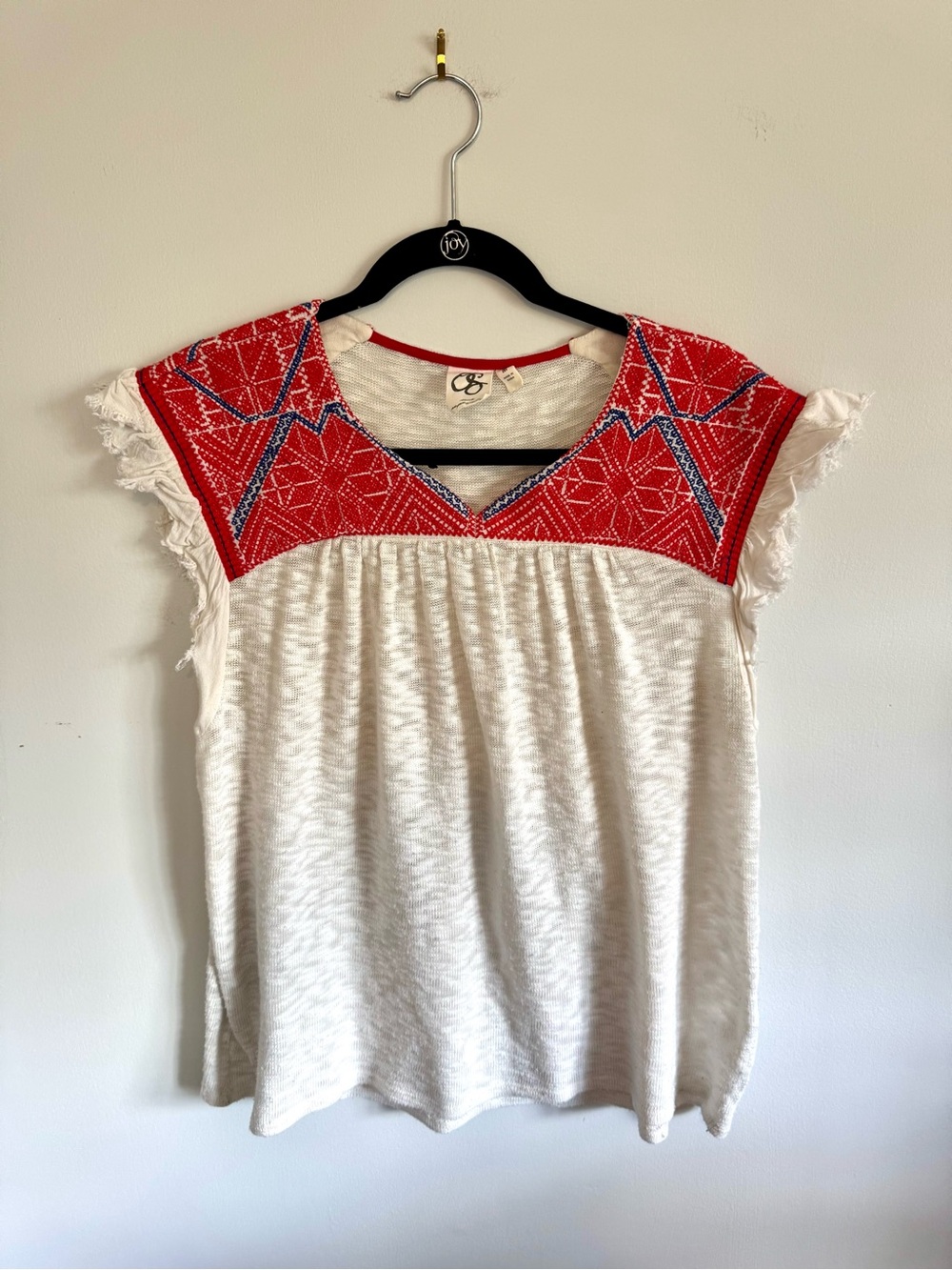 One September by Anthropologie Burnout Slub-knit Top w/ Red Embroidered Yoke - Picture 1 of 8